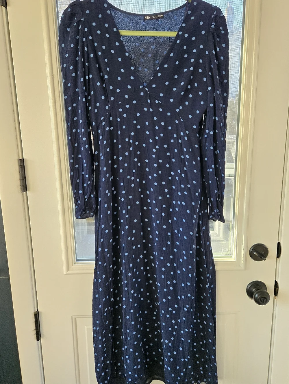 Zara Navy Polka Dot Puff Shoulder Midi Dress Women's Large - Picture 3 of 13